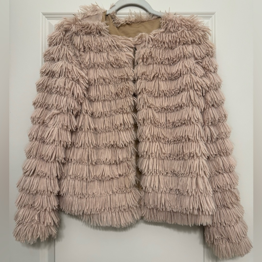 Cozy Tan Faux Fur Shaggy Cardigan Jacket Coat | Open Front | Size Small - Picture 4 of 10